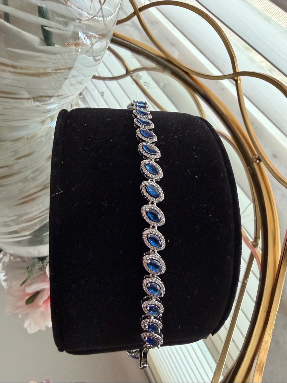 Silver-tone Blue Oval Crystal Tennis Bracelet - Elegant Women's Jewelry
